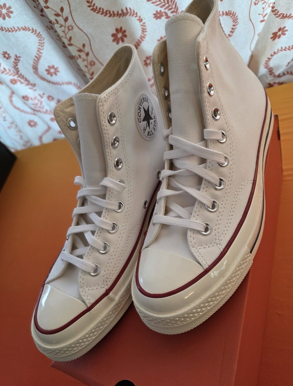 Converse High Top Chuck 70 Hi- White with Red Trim. Men 8/Women 10